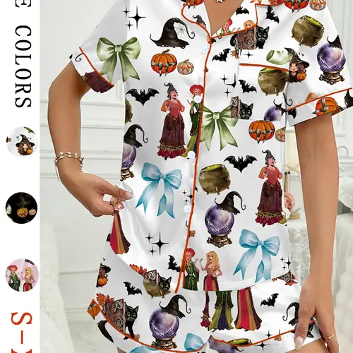 【Halloween】 Pumpkin & Bat Print Short Sleeve Fitted Women's Pajama Set Pjs, Knitted Fabric Sleepwear, Comfortable Elastic Casual Sleepwear and Loungewear for Halloween, Perfect for Sleep and Leisure