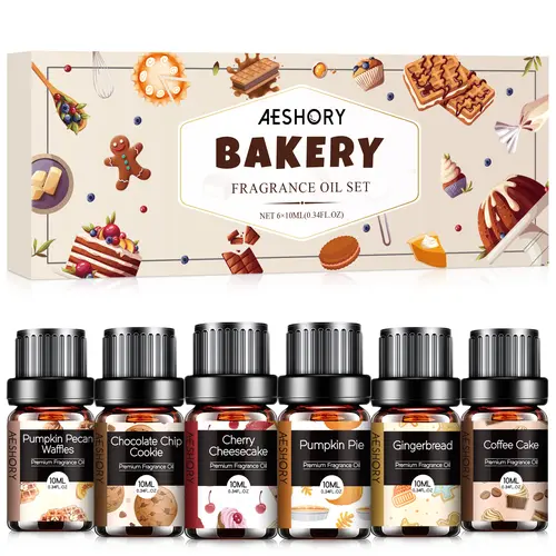 Homemade Bakery Fragrance Oils Set (6x10ML) - Aromatherapy Scented Oils for Home Diffusers, Candle Making, Bath - Pumpkin Pie, Coffee Cake, Gingerbread, Cherry Cheesecake Scents (Ideal Gift)
