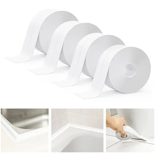 Waterproof Self-Adhesive Caulk Tape (4 Rolls, White) with Sealing Tool – Floor and Wall Edge Protector for Kitchen, Bathroom, and Multiple Surfaces, Multi-Roll Sealing Tape, Adhesive Sealing Tape, Caulking Tape, Seal Strip Tape