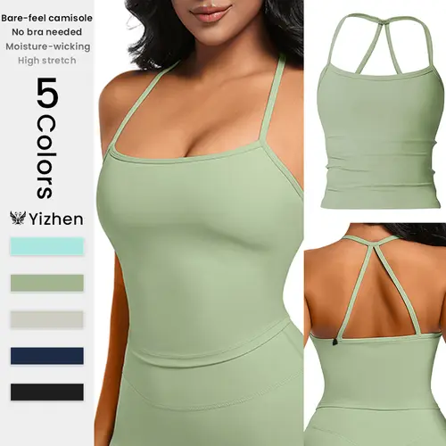 Women's Square Neck Tank Tops, Casual Sporty High Stretch Sports Singlet, Slim-Fitting Gym Top with Strappy Y-Back & Built-in Bra, Workout Tops