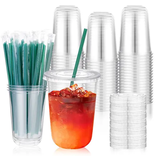 Kesaplan TO GO CUP 50 Sets 16 oz Disposable Iced Coffee Cups with Lids and Straws,Clear Plastic Cups for Cold Drinks Juice Milkshakes Smoothies, Plastic To Go Drinking Cup for Party Coffee Bars Picnic