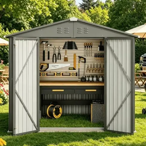 Gizoon 8x6 FT Durable Garden Shed (2-Package Shipping) - Galvanized Steel Garden Storage Shed, Dark Grey Metal Outdoor Shelter, Double Lockable Doors, Spacious Clearance for Backyard/Patio, All-Weather Rust-Resistant