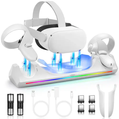 HURRA Smart Charging Dock Complete Kit for Meta Quest 2 VR Devices - Magnetic Headset & Controller Charger, Rechargeable Sponge Cover, 2 Battery Covers, LED Status Indicators, 4-6 Hours Charging Cable, USB-C Port, Blue Light Functionality