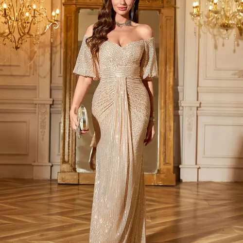 UNITHORSE Women's Off Shoulder Backless Sparkly Sequin Fitted Bodycon Party Gown, Elegant Chic Party Evening Dress, Bride Dress, Birthday Outfits, Graduation Dress, Formal Dress, Formal Wear, Lady, Womenswear