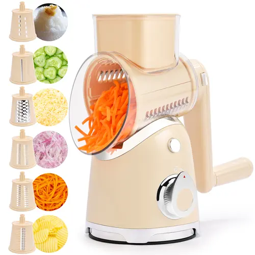 SUSTEAS 6-in-1 Multipurpose Grater - Kitchen Utensils with Secure Suction, Ice Crushing, Hand Guard, Ergonomic Rotary Base - Vegetable Cutter, Multi-Slicer Peelers for Safe Shredding, Slicing (Beige)
