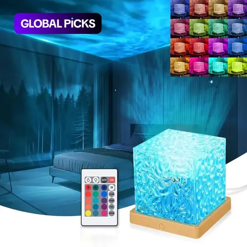 USB Wave Projector Table Lamp, 16 RGB Colors with Remote & Touch Control, Sea Wave & Aurora Effect, Adjustable Atmosphere Light, Dimmable Mood Lamp, Acrylic Base Night Light for Bedroom & Living Room, Decorative Night Light #GLOBAL PICKS