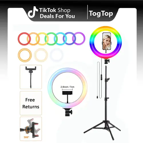 12"RGB Ring Light with Tripod Stand, Tripod for Phone with Light Adjustable 43.3" 110cm Height Floor & 360° Lighting, Video Light Tripod Stand Phone Mount for Photo iPhone Content Creation TikTok YouTube#ring light shade
