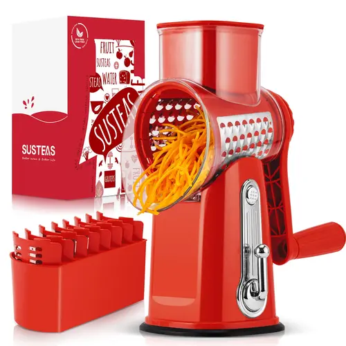 SUSTEAS Yellow Fruit & Vegetable Slicer - Compact Rotary Grater, Kitchen Shredder, 5 BPA-Free Stainless Steel Blades, Easy-Grip Handle, Suction Base, Ergonomic Dishwasher-Safe Kitchen Utensil for Home Cooking, Gift Giving, Vegetable Cutting Slicer