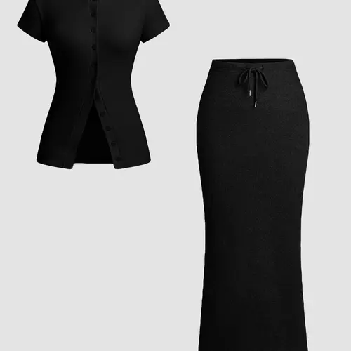 Women's Solid Button Front Top & Skirt, Casual Short Sleeve Top & Skirt Set, All Seasons Fitted Style, Moderate Fabric Thickness, Minimalist, Outfit Sets Women