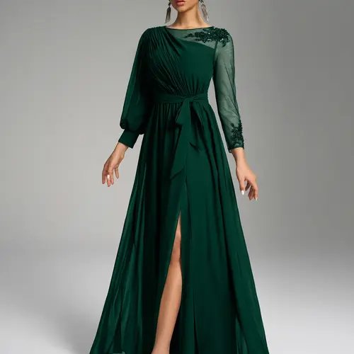 Women's Evening Dress Maxi Womenswear Fitted with Round Neck and Irregular Lantern Long Sleeves, Chic Elegant Waist Tie and Sequin Detailing for Glamorous Formal Occasions, Black Tie Optional Dresses