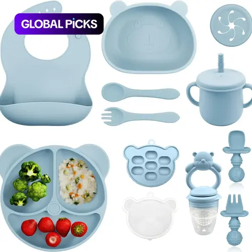 Bear Design Silicone Baby Feeding Set, 11-Piece Baby Dinnerware Set, Toddler Dinnerware Set with Bowl, Spoon, Fork, Bib, Straw Cup, Snack Cup and Ice Cube Box, Silicone Utensils Set #GLOBAL PICKS