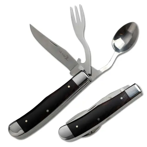 Elk Ridge 4-in-1 Retractable Stainless Steel Multi-Tool Pocket Knife - Wood Handle, Fork, Spoon, Bottle Opener, Peeling, Carving - Unisex Tools and Gadgets for Camping, Survival Equipment - Compact Outdoor Gear