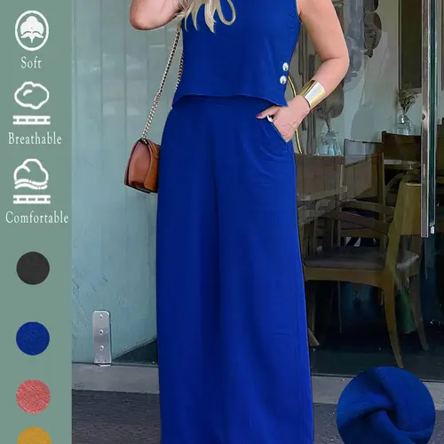 Elegant Solid Two-Piece Set, Loose-Fitting Sleeveless Top and Wide-Leg Pants with Pockets, Comfortable for Summer Travel and All Seasons