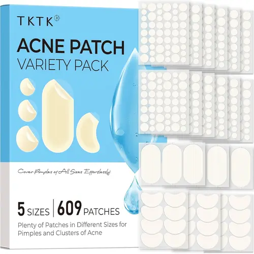 TKTK Hydrocolloid Pimple Patches Bulk (609 Count) - Acne Clearing Treatment Beauty Products for Selfcare, Covering Cheeks/Forehead/Chin Blemishes, All Skin Types (5 Sizes: Dots, Strip, Contoured) Clearer Skin Acne Treatments