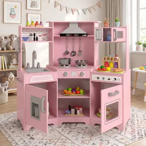 Kids Play Kitchen Set - Corner Wooden Pretend Toddler Kitchen Toys Playset with Realistic Lights & Sounds Microwave Oven Water Dispenser Phone Sink Cooking Accessories for Toddlers Ages 3+