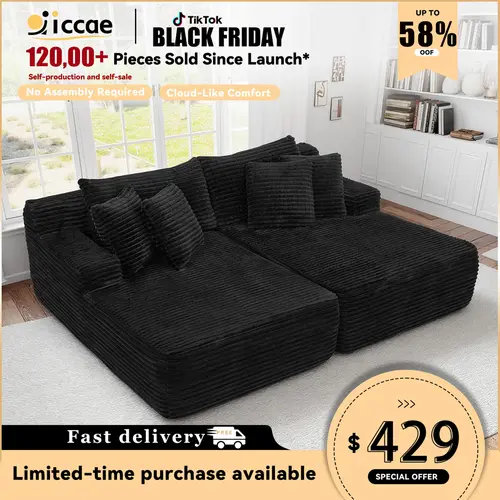 【Components】Niccae 83” Oversized Double Lounge Chaise,Cloud Plush Sofa Bed for Living Room,Velvet Upholstered Boneless Couch W/6 Pillows,Compression Lounge Chaise,No Assembly Required,DIY Combination