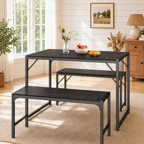 GIZOON 45.5" Ergonomic 4-Seater Dining Table Set - Metal-Wood Frame, MDF Board with Wood Grain, 2 Sliding Benches, Combo Kit for Mini Apartment Indoor Furniture