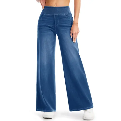 MAGCOMSEN Wide Leg Stretchy Jeans for Women Loose Fit Elastic High Waist Pants Pull On Baggy Fit Jeans Tummy Control Trousers Casual Work Wear FallFreshness Outdoorfun Bottoms Fathersdaygift Functional Pockets,back to school shopping