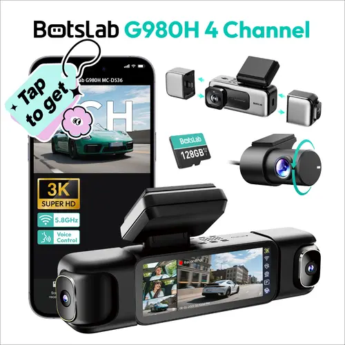 Botslab 4 Channel 3K Dash Cam with 3.18" Touch Screen, Sentry Mode, 24/7 Parking, Built-in GPS, 5.8G WiFi, Night Vision, Voice Control, 128GB Card Included Hd Dash Camera Touchscreen Dash Cam