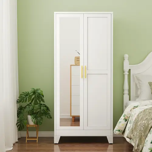Metal Armoire Wardrobe Closet with 2 Mirror Doors, 71"' Wardrobe Cabinet with Adjustable Shelves and Hanging Rod, Clothing Storage Cabinet Closet with Mirror for Bedroom-White