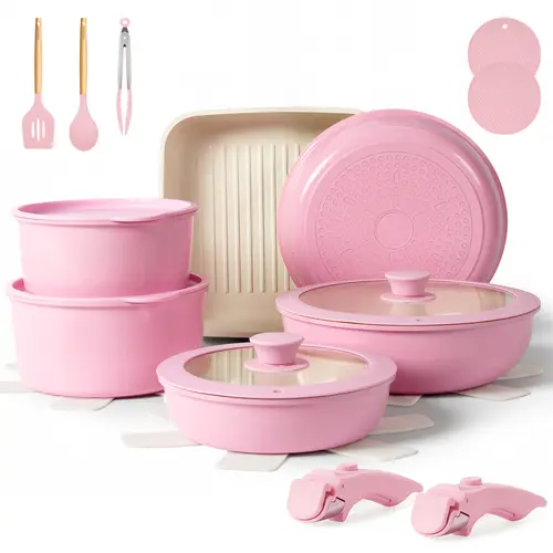 Kikcoin RV Nonstick Cookware Set Oven safe Non-Toxic Ceramic 22pcs pots and pans set complete Cookware Set with Lids,Detachable Handle,cook in RV PFAS-Free,Dishwasher Safe,Kitchen Outdoorfun Induction Compatible Handwashing Recommended,tiktokshop