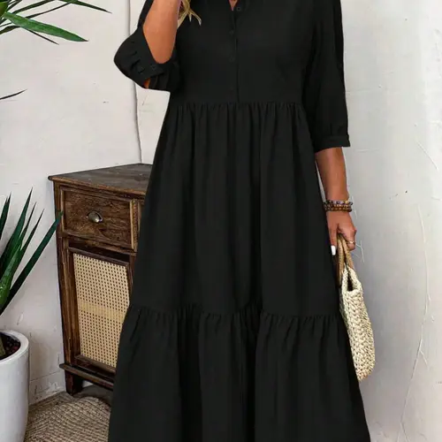 LUNE Plus Size Casual Dress Buttoned with Three-Quarter Sleeves, Ruffle Hem Button Detail, Pleats, Fashionable Elegant Everyday Wear for Women, Fitted, Womenswear, Dresses With Sleeves