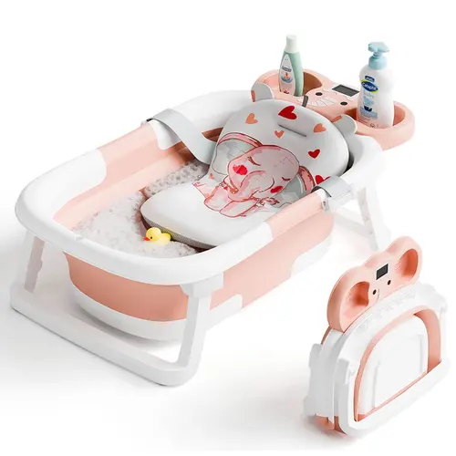 Collapsible Baby Bathtub | Real-Time Temp Monitor, Floating Cushion, Foldable, Drainage, Elephant Design – For Newborns & Toddlers, #SummerVibes,sunscreen