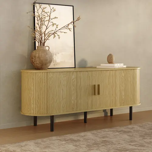 【SummerFinds】ONBRILL 55"/63" Fluted Wood TV Console Cabinet, Power Outlet-Equipped Media Center for 70-Inch TVs, with Adjustable Storage Shelves & Sliding Doors for Living Room, Tv Stand,dorm essentials,home decor