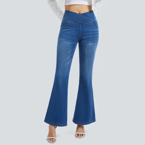 MAGCOMSEN Women's High Waisted Crossover Flare Jeans - Regular Length, Stretchy Soft Breathable Smooth Cotton Knit Elastane Fabric, Tummy Control, Hip Lifting, 4 Pockets, Pull On Casual Bell Bottom Jeggings for Fall Outdoors Casual Work, High Waisted Desi