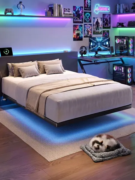 【SummerFinds】ONBRILL LED Floating Bed Frame for Queen, Queen Size Bed Frame with Power Outlet, Heavy Duty Metal Platform Bed Frame, Easy to Assemble, Noise-Free, No Box Spring Needed, Bedroom Furniture, Stylish Furniture