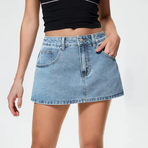 EMMIOL【Back to School】Vintage Blue Fit Denim Mini Jean Skirt for Women - Casual Style, Regular Fit, Above Knee, Cotton Material, Multi Belt Loops, No Sheer Material Chic Womenswear