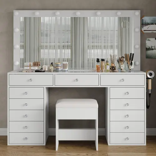 FUSOU 55" Glass Top Vanity Makeup Desk with 13 Drawers, Power Outlet, Mirror, 13 LED Lights, 3 Color Modes (Shipped in 2 Packages) - Dresser for Bedroom with Vanity & Makeup Organization