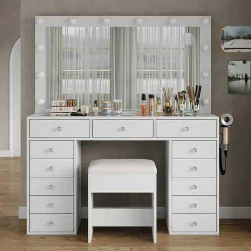 FUSOU 47''W 13 Drawers Vanity Desk, [Shipping By 2 Packages],Makeup Vanity with Power Outlet, Vanity Table with Mirror and 12 LED Bulbs, 3 Color Lighting Modes, Glass Top, Dressing Table for Bedroom,SummerVibe,dorm essentials,home decor
