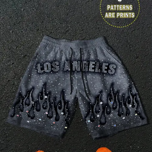 Manfinity Emrg Men's Summer Casual Street Colorful Rhinestone Letter Flame Print Loose Drawstring Waist Shorts, Fitted Fit for Stylish Look, Streetwear
