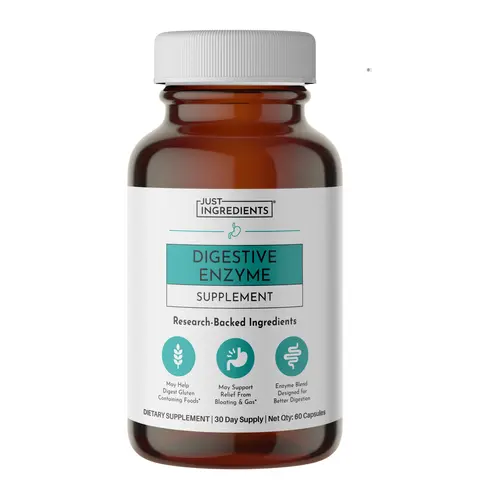 Just Ingredients Digestive Enzyme Supplement - 15 Enzyme Blend for Protein Fat Carbohydrate & Fiber Breakdown - 30 Day Supply 60 Capsules
