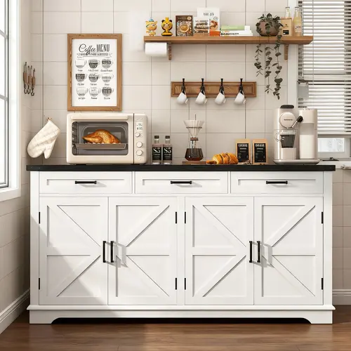 Fabiula Farmhouse 61-in Black Walnut Sturdy Entryway Buffet Cabinet, French Country Compartmentalized Unit with 4 Doors & 3 Drawers, Adjustable Storage Sideboards for Dining Room, Assembly Required