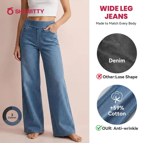 [Size Up] SHOWITTY Women's Wide-Leg High Waisted Jeans with Pockets - Soft Cotton Pants