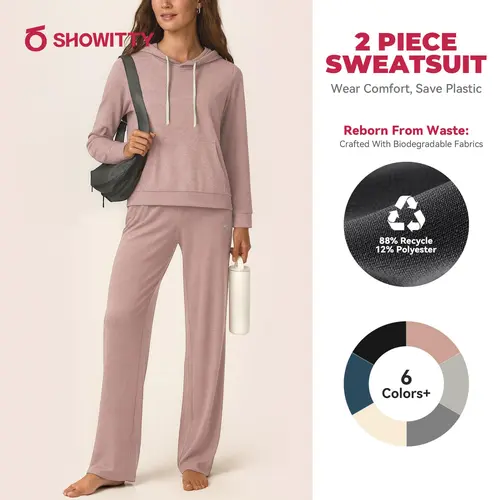 SHOWITTY Women's 2 Piece Sweatsuit – Casual Long Sleeve Hoodie & Loose Wide Leg Sweatpants with Pockets