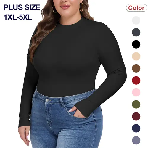 [HOT] COOTRY Ladies' Plus Size Long Sleeve Slim-Fit Basic Pullover - Soft Stretchy Fabric (Rayon-Elastane Blend), Classic Crew Neck, Breathable, Loose Option, Dress Casual, Outdoors Top