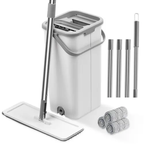 Flat Mop and Bucket System, Hands-Free Floor Mop and Bucket with Wringer Set for Home, Include 3 Reusable Microfiber Mop Pads, Wet and Dry Use, Home Cleaning for All Floor Types and Windows
