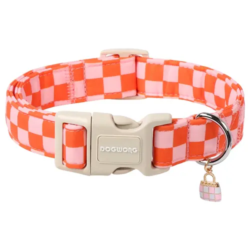 DOGWONG Orange Checkered Adjustable Dog Collar - Adjustable Collars with Tag Holder, Chew Resistant, Universal Fit for Small to Large Dogs, Hand Wash Only Cute Pet Accessory, Cute Design