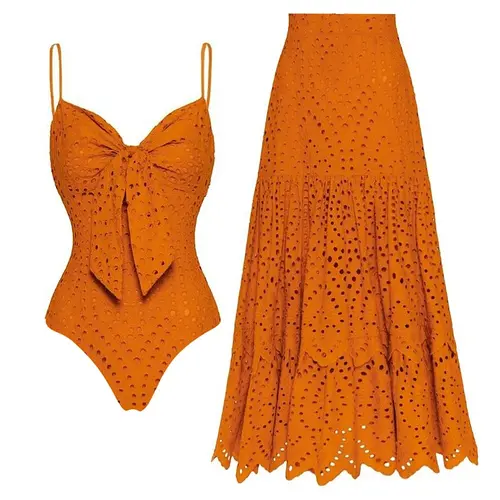 FLAXMAKER Women's Orange Laser Cut One Piece Swimsuit with Front Bow Tie and Matching Cover Up Skirt Set, V Neck Bathing Suit Swimdress, Summer Beachwear