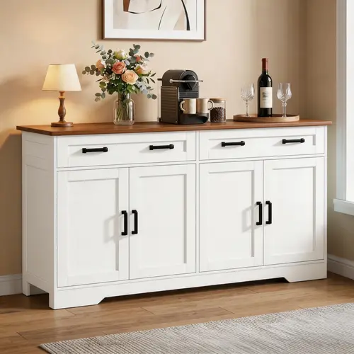 Fabiula Summergarden Collection Contemporary Farmhouse Freestanding Cupboard - Sturdy Wood Multifunctional Furniture with 4 Barn Doors, Drawers, Adjustable Storage, Accent Sideboard for Kitchen, Living Room, Farmhouse Cupboard, Freestanding Cabinet