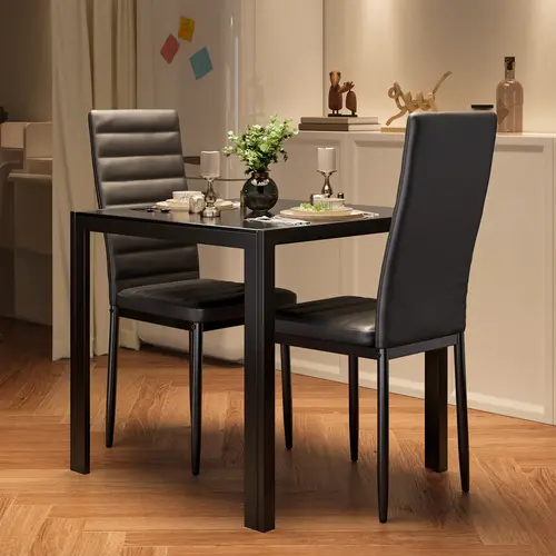 GIZOON 3 Piece Glass Dining Table Set, Kitchen Table and Chairs Set for 2 | PU Leather Modern Room Sets,Small Dining Table Sets,Space Saving Table and Chairs Set for Home, Kitchen, Living Room,Black