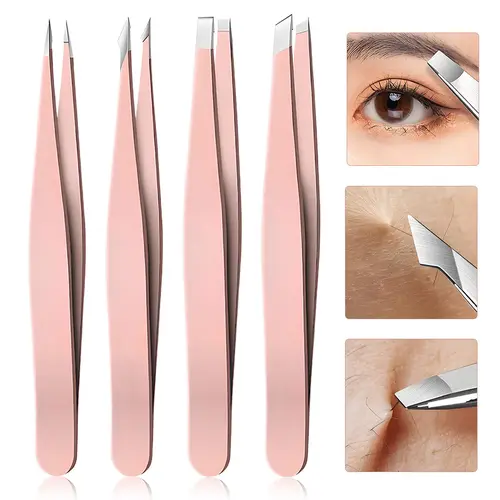 Stainless Steel Eyebrow Tweezers Set, 4 Counts/set Precision Slant Tip Angle Tip Pointed Tip Tweezers for Eyebrow Hair Facial Hair Removal, Makeup Tools, Eyebrow Styling Kit #backtoschool