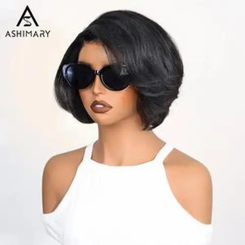 Ashimary [New Arrival] Glueless Human Wig, 6x4.5 Lace Closure Yaki Straight Layered Short Pixie Cut Silk Press Bob Wig for Black Women, Human Hair Wigs#Summervibes