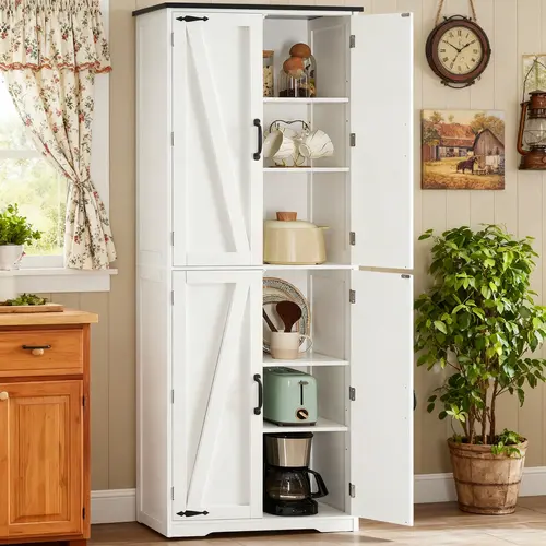 Fabiula 67" Tall Concise Rustic Farmhouse Storage Cabinet Sideboard, Freestanding Metal Utility Cupboard with 2+2 Doors, 5 Adjustable Shelves for Kitchen, Dining Room, Full Height Cabinets