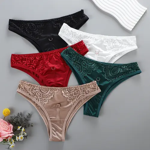 Women's 5pcs Mixed Colors Lace Trim Briefs - Soft Breathable Low-Rise Polyamide Knickers, Minimalist Plain Cheeky Lady Panties for Bridal, Christmas, Preppy Daily Wear