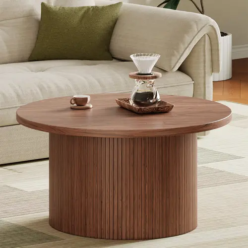 【DealsforYou】ONBRILL 31.5" Fluted Round Coffee Table, Modern Coffee Table with Wood Strip Base, Farmhouse Fluted Center Table for Living Room, Reception Room
