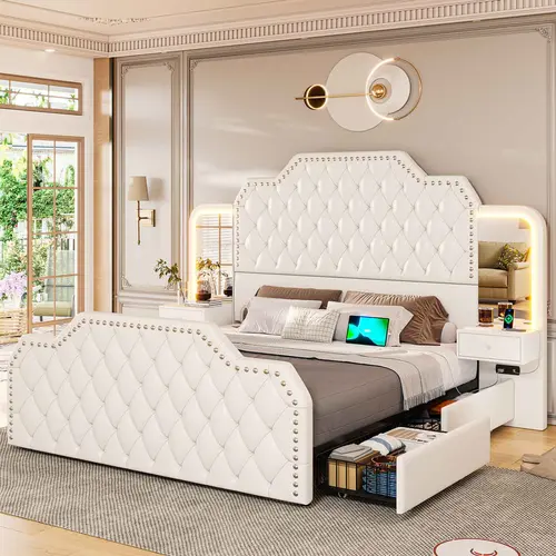 Sikaic PU Leather Upholstered LED Bed Frame - 2 Nightstands, Headboard, Footboard, 2 Mirrors, 4 Under Bed Storage Drawers, Charging Station, Contemporary Style Durable Freestanding Bedroom Decor, Upholstered Bed Frames